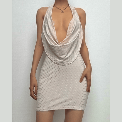 Halter cowl neck beaded low cut mini dress-final-sale