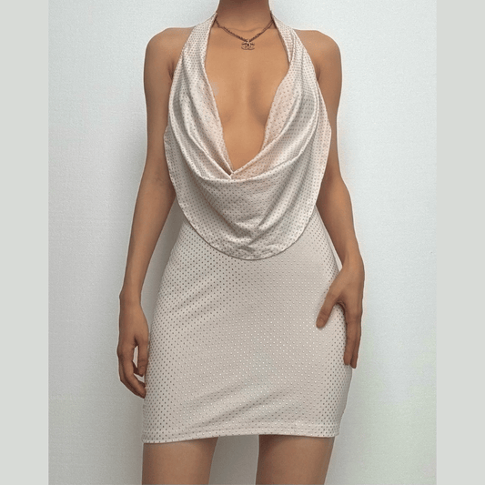 Halter cowl neck beaded low cut mini dress-final-sale