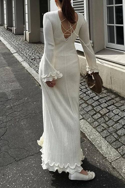 Bell Sleeves Back Lace-up Ruffle Trim Maxi Dress