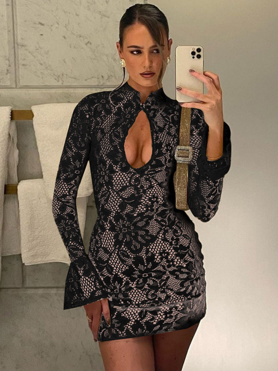 Lace Cutout Bodycon Bell Sleeves Mini&Short Dresses