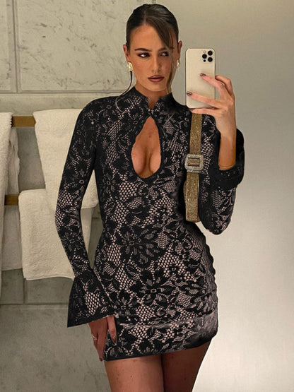 Lace Cutout Bodycon Bell Sleeves Mini&Short Dresses