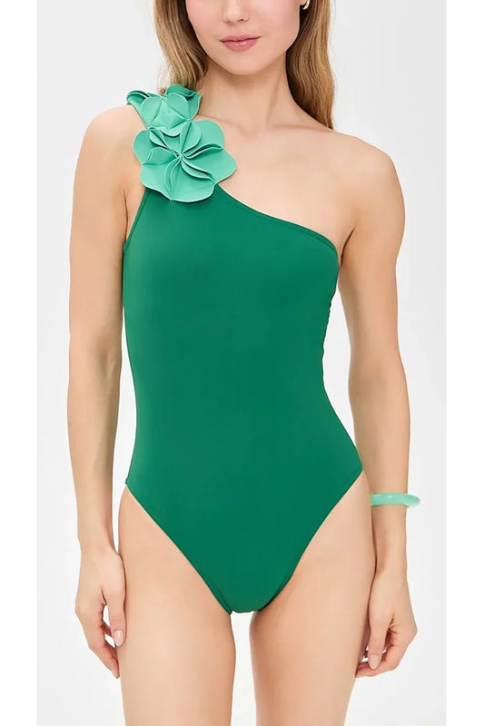 Green One-Shoulder 3D Floral Swimsuit