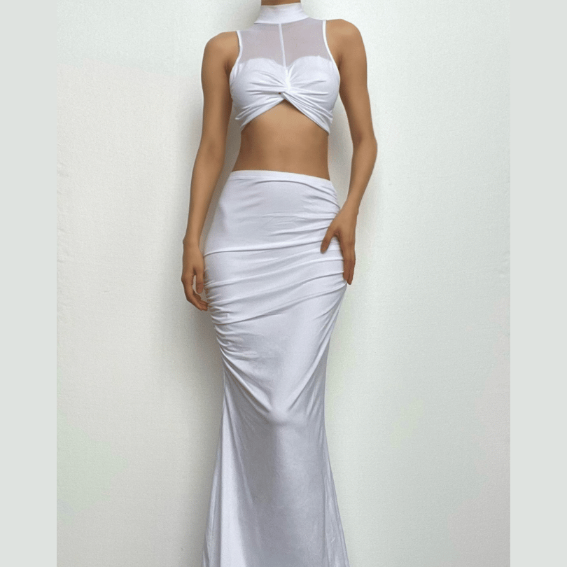 Knotted solid high neck mesh sleeveless ruched maxi skirt set-final-sale