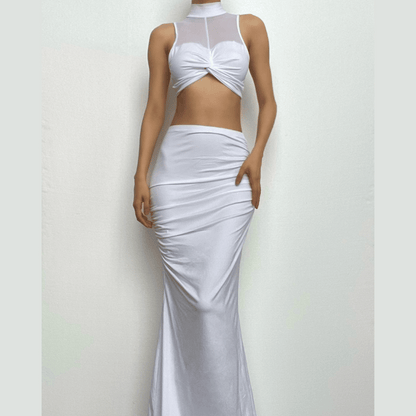 Knotted solid high neck mesh sleeveless ruched maxi skirt set-final-sale