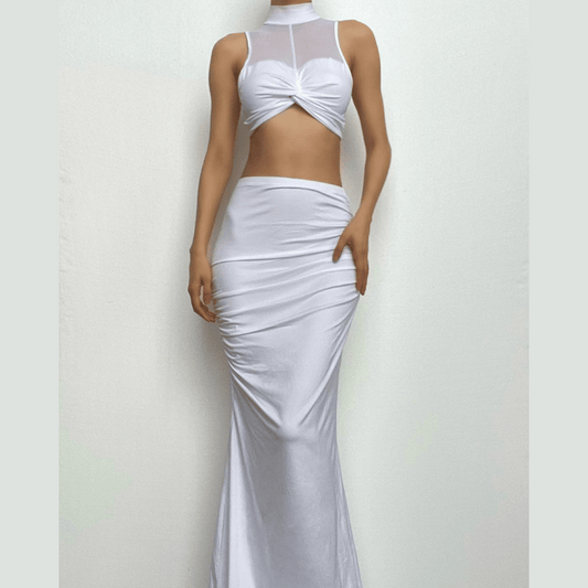 Knotted solid high neck mesh sleeveless ruched maxi skirt set-final-sale
