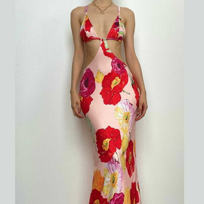 Hollow out v neck backless self tie flower print cut out maxi dress-final-sale
