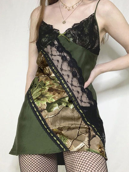 Irregular Print Lace Splice Tie Back Mini Dress