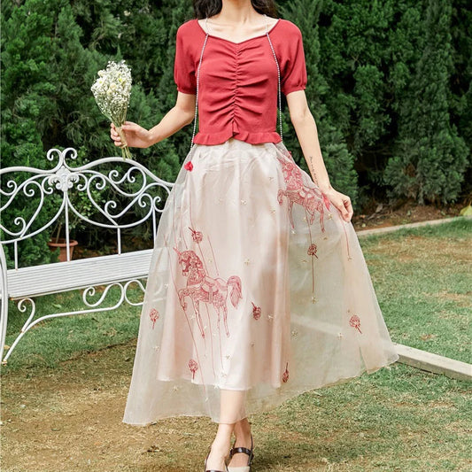 Organza Floral Embroidery Sweet Fashion Two Layered Skirt