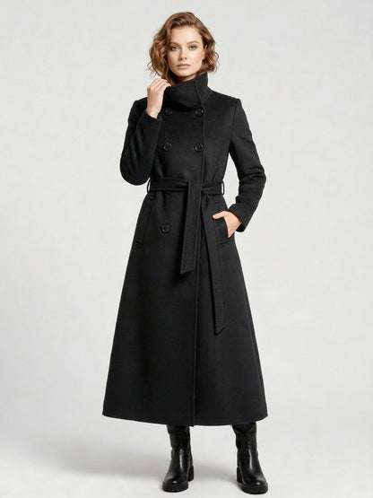 Belted Long Woolen coat with Double-breasted and high collar For Women 2026