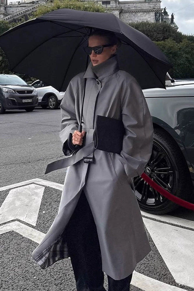 Lazy-Chic European Solid Color Stand Collar Belted Long Overcoat