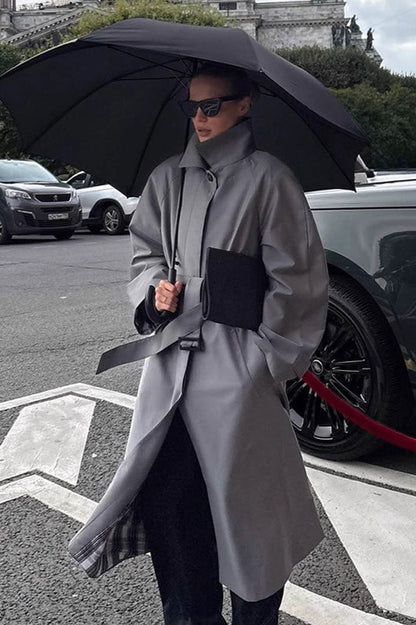Lazy-Chic European Solid Color Stand Collar Belted Long Overcoat