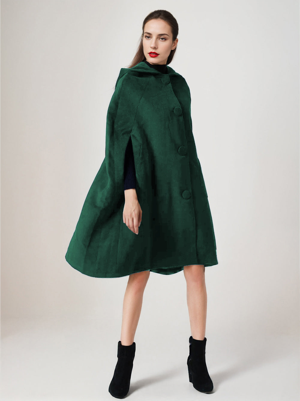 Black Woolen Cape Coat With Hood Oversized Poncho Winter Outerwear For Women 2026