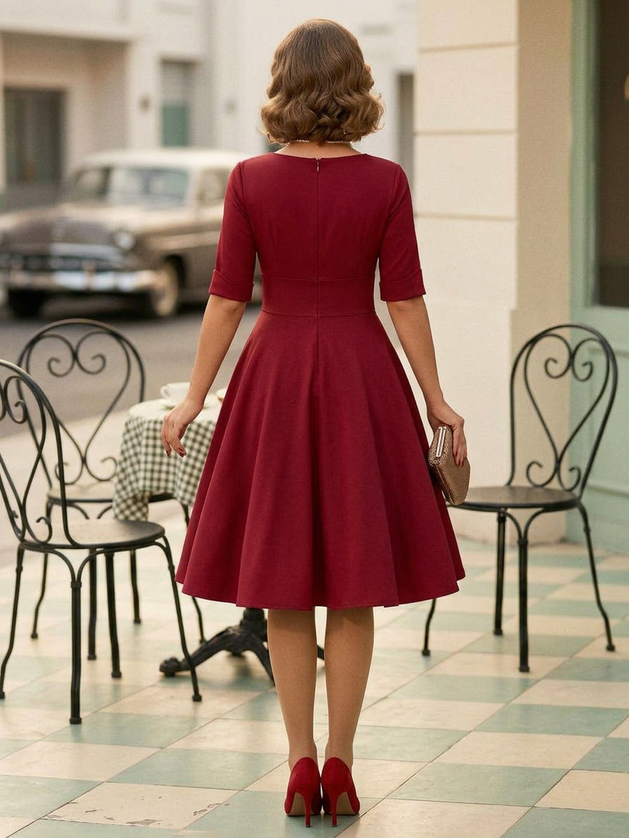Vintage 1950s Swing Cocktail Dress for Women - V Neck Short Sleeve A-Line Ruched Bust Rockabilly Midi Gown - Wedding Guest 2026