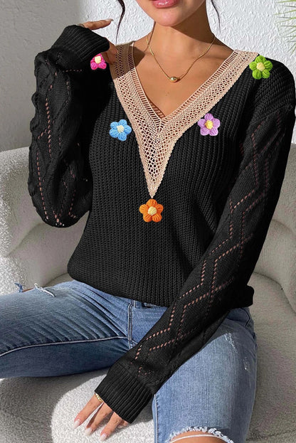 Black Crochet Flower V Neck Pullover Sweater