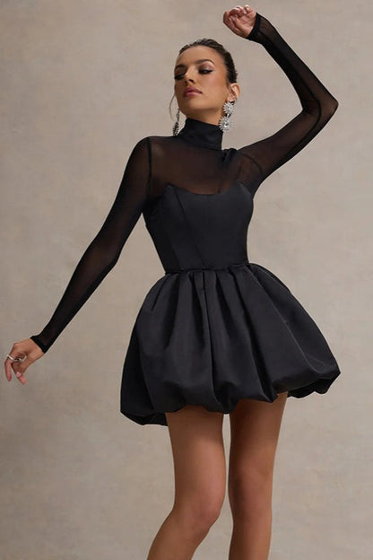 Mock Neck Sheer Mesh Long Sleeve Sweetheart Bustier Bubble Hem Mini Dress