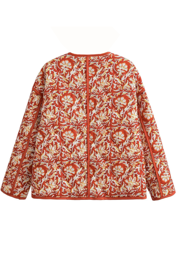 V-neck Floral Print Loose Quilted Cotton Jacket