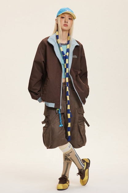 Reversible Stand Collar Colorblock Jacket