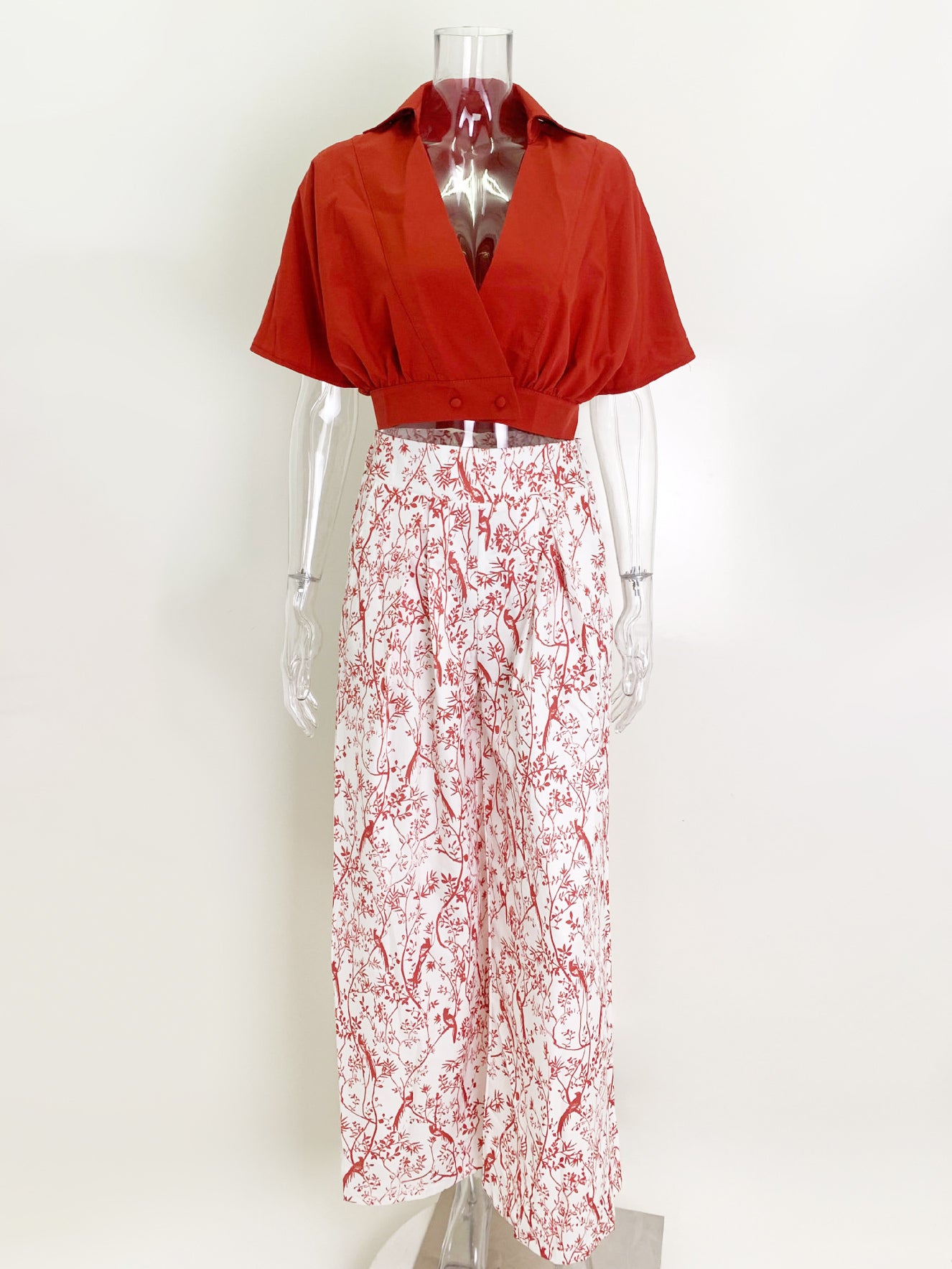 Pant Set Floral Short Sleeves V-Neck Wide Leg Casual 2 Pieces Set