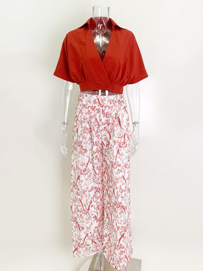 Pant Set Floral Short Sleeves V-Neck Wide Leg Casual 2 Pieces Set