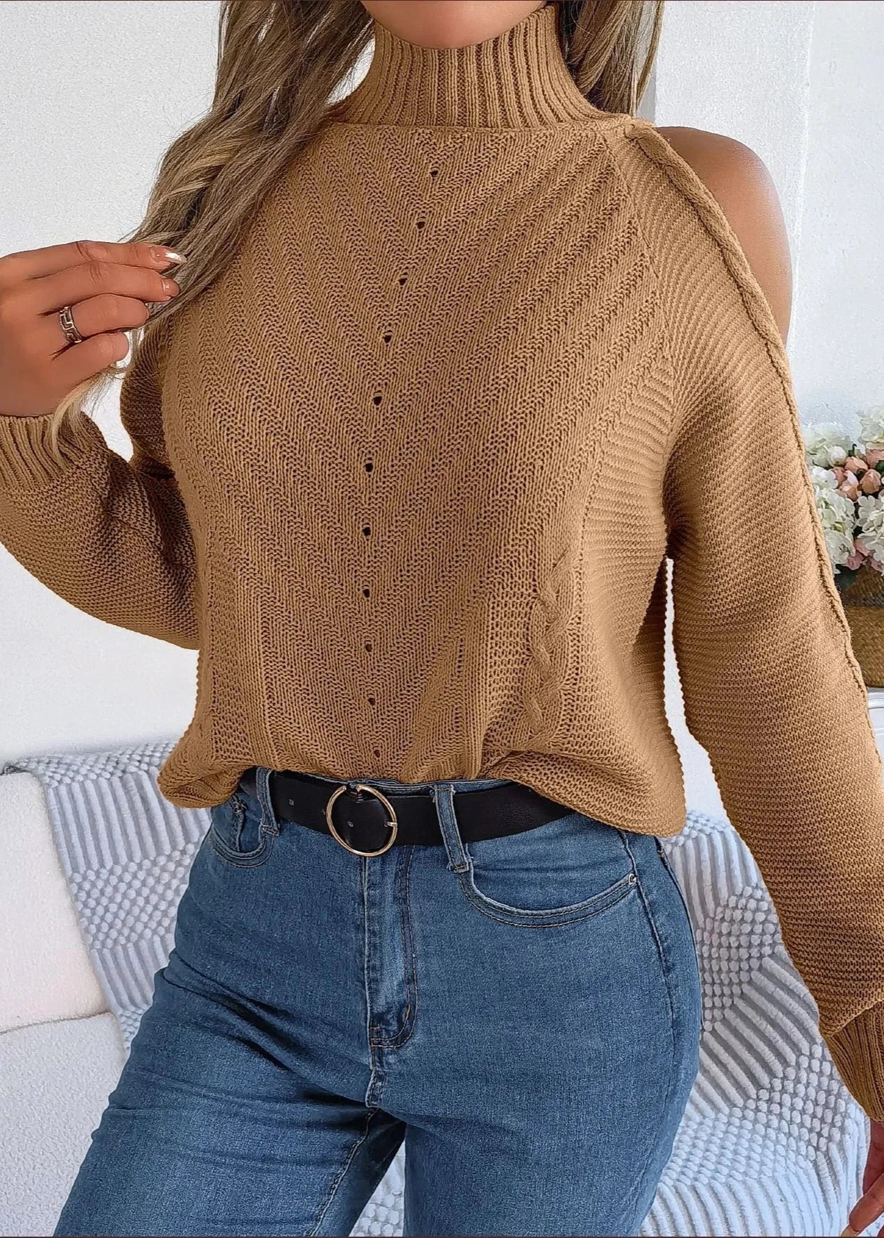 Cozy Off-Shoulder Turtleneck Knit Sweater
