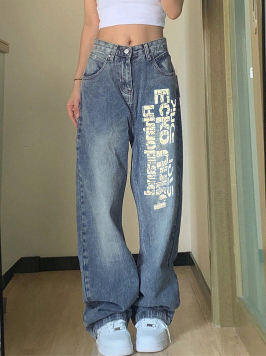 Washed Letter Print High Waist Boyfriend Jeans