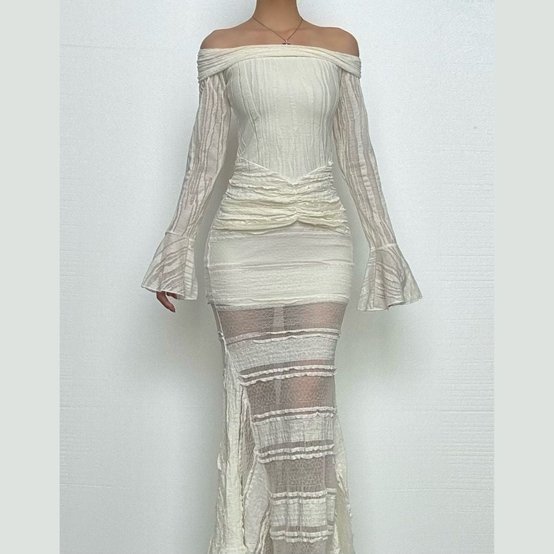 Long flared sleeve off shoulder lace ruffle maxi dress