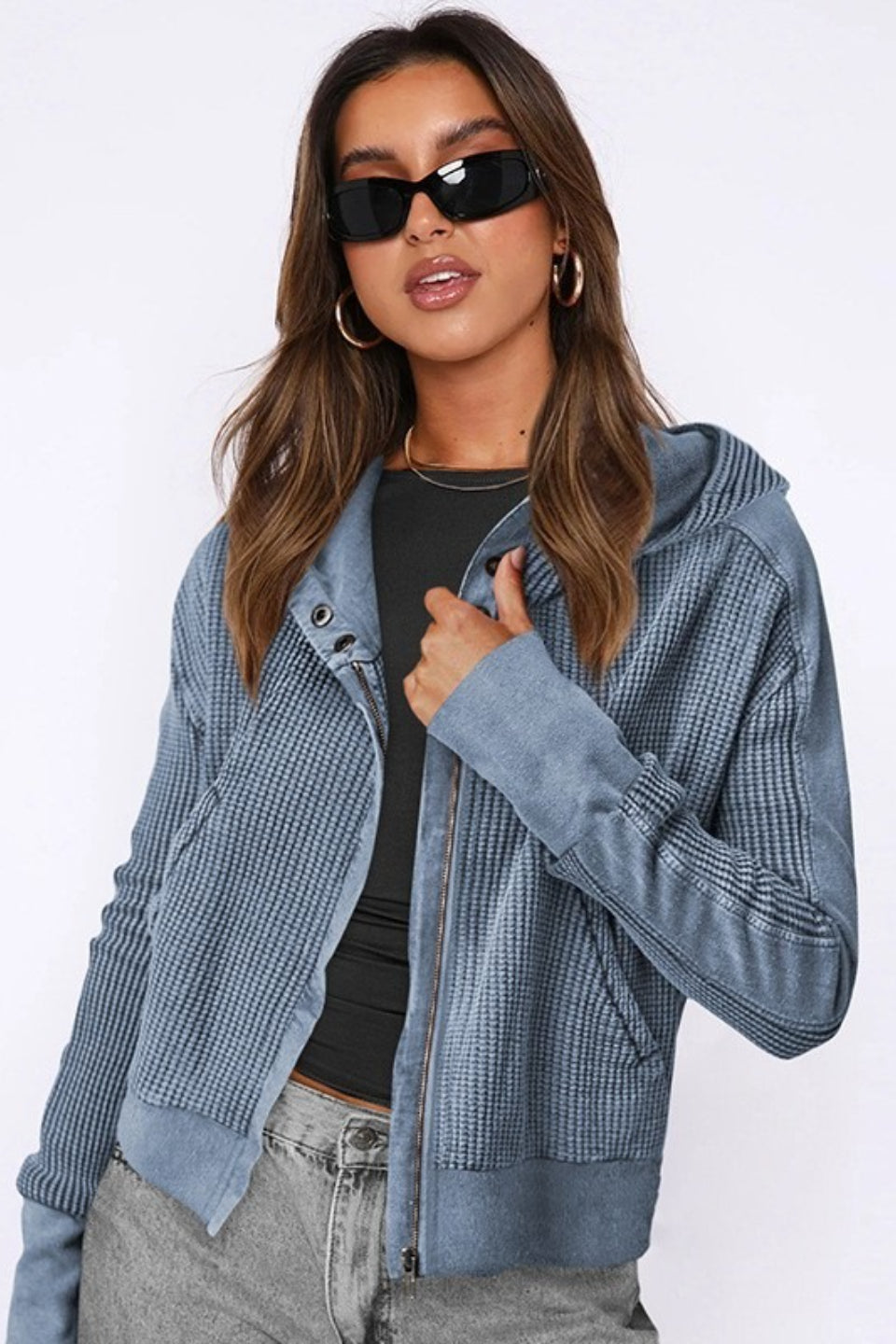 Quilted Panel Zip Up Cropped Hoodie
