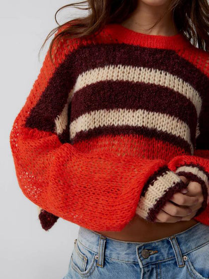Contrast Color Striped Loose Cropped Sweater