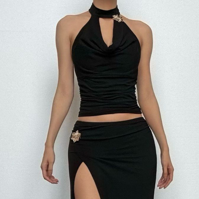 Cowl neck halter ruched flower applique top
