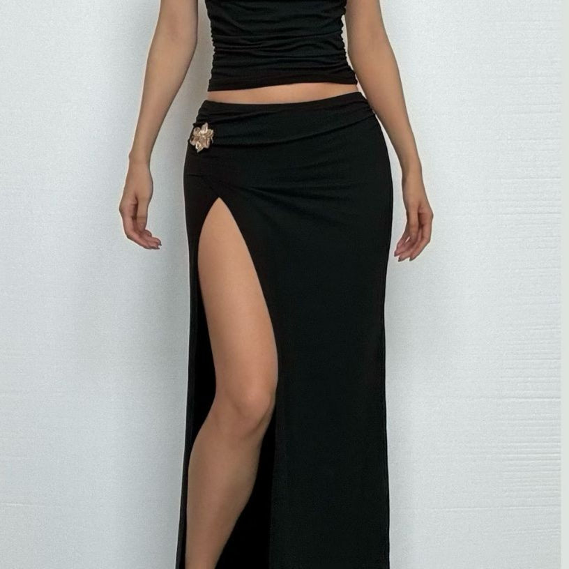 Flower applique solid high slit maxi skirt