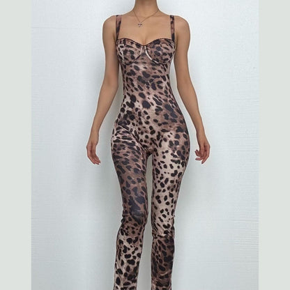 Leopard print v neck backless tank jumpsuit