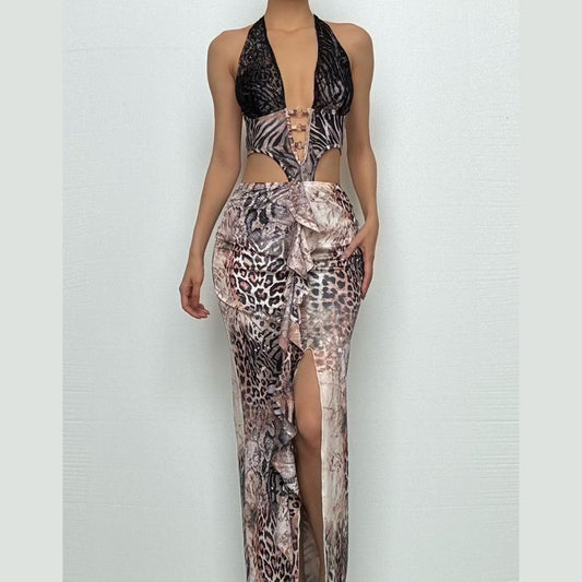 Halter v neck leopard print slit ruffle maxi dress