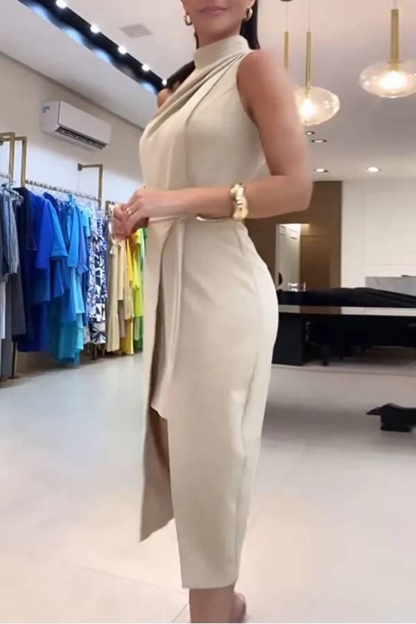 Elegant Stand Collar Fake Two-piece Tie-up Split Mid-length Dress