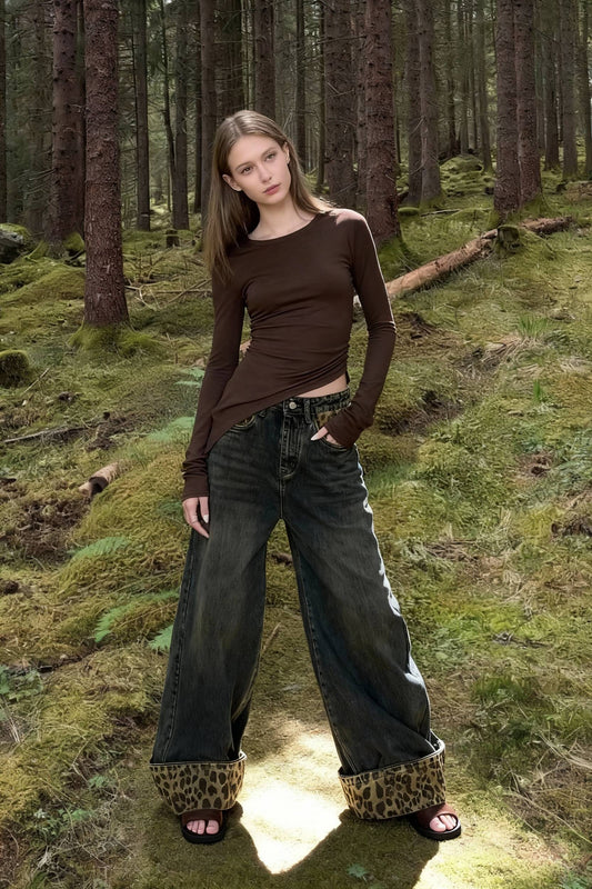 Retro Leopard Print Wide Leg Jeans