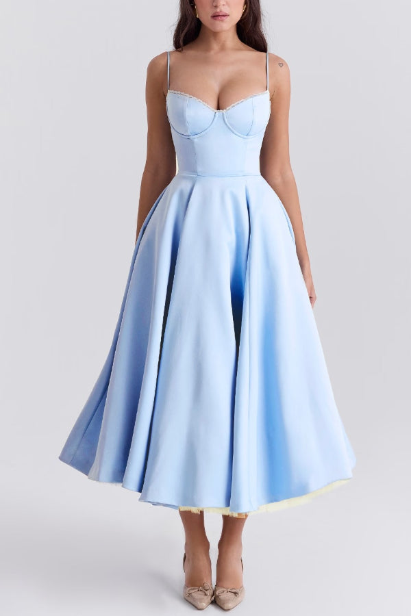 Lace Trim Sweetheart Corset Bodice Tulle Petticoat Fit and Flare Midi Dress