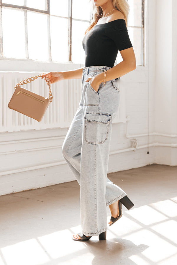 Washed denim multi-pocket non-stretch overalls