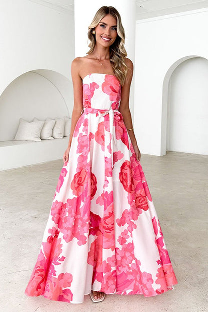Colorful Print Strapless Tie Maxi Dress