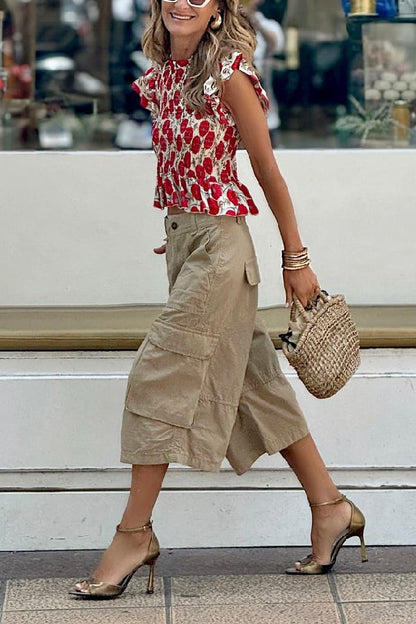 Unique Printed Pocket Shirt and Elastic Waist Shorts Set