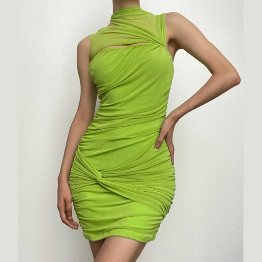 Sleeveless irregular hollow out mesh knotted ruched cut out mini dress
