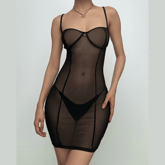 Sheer mesh see through solid low cut cami mini dress