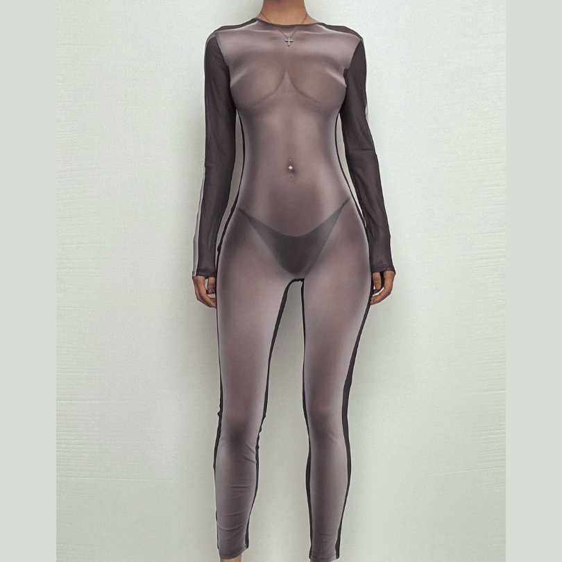 Long sleeve crewneck body print zip-up sheer mesh jumpsuit