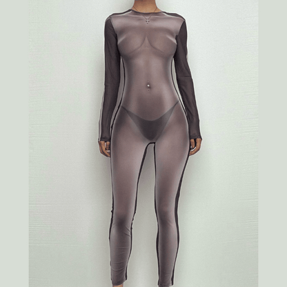 Long sleeve crewneck body print zip-up sheer mesh jumpsuit
