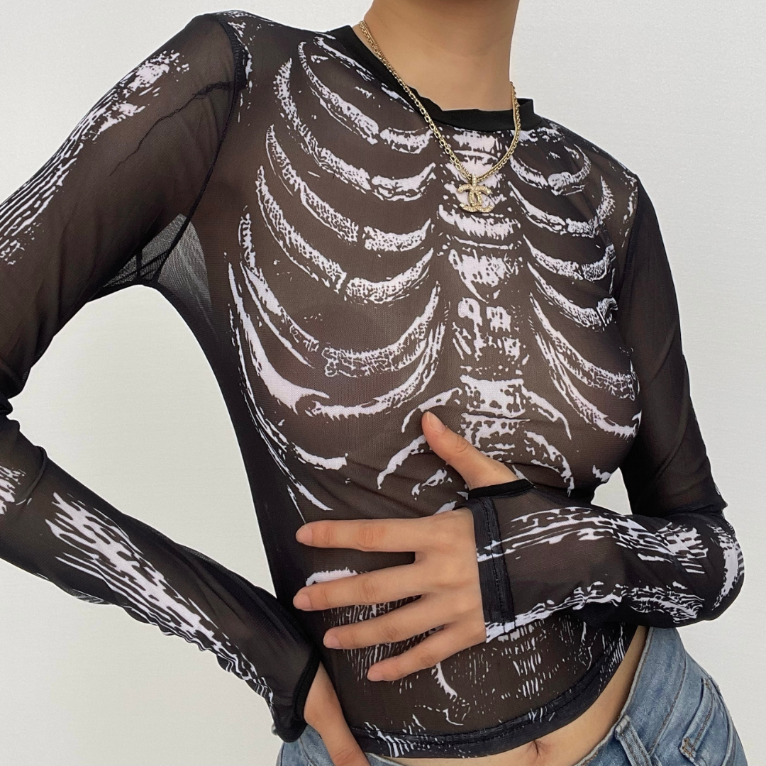 Sheer mesh contrast print see through gloves long sleeve top
