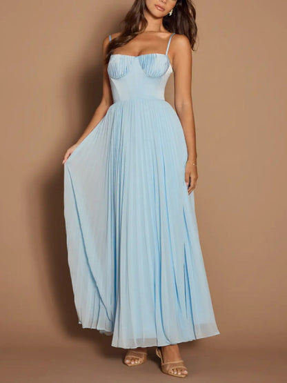 Sleeveless Deep V Slim Fit Pleated Camisoles Maxi Dresses