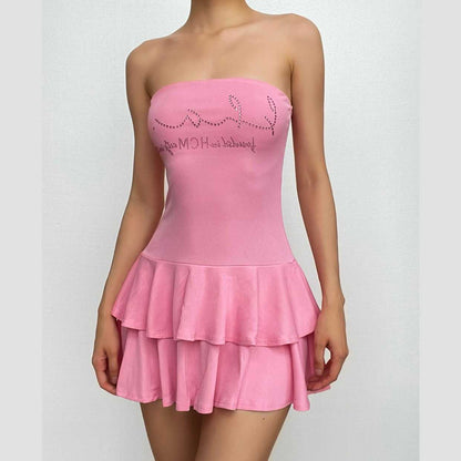 Beaded solid ruffle backless tube mini dress-final-sale