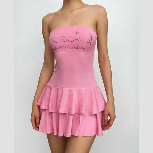 Beaded solid ruffle backless tube mini dress-final-sale