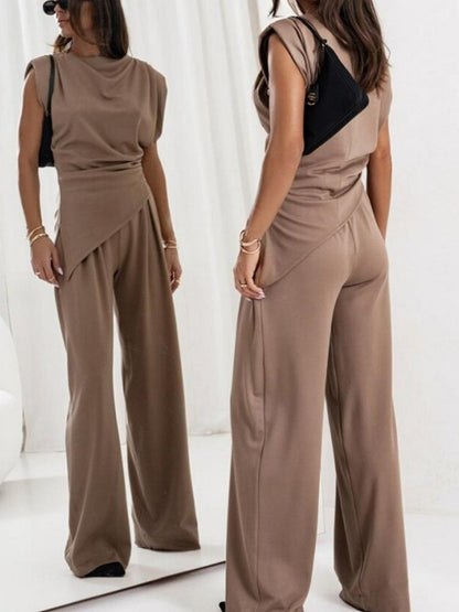 Irregular Sleeveless Tank Tops Gathering Pants 2-piece Sets