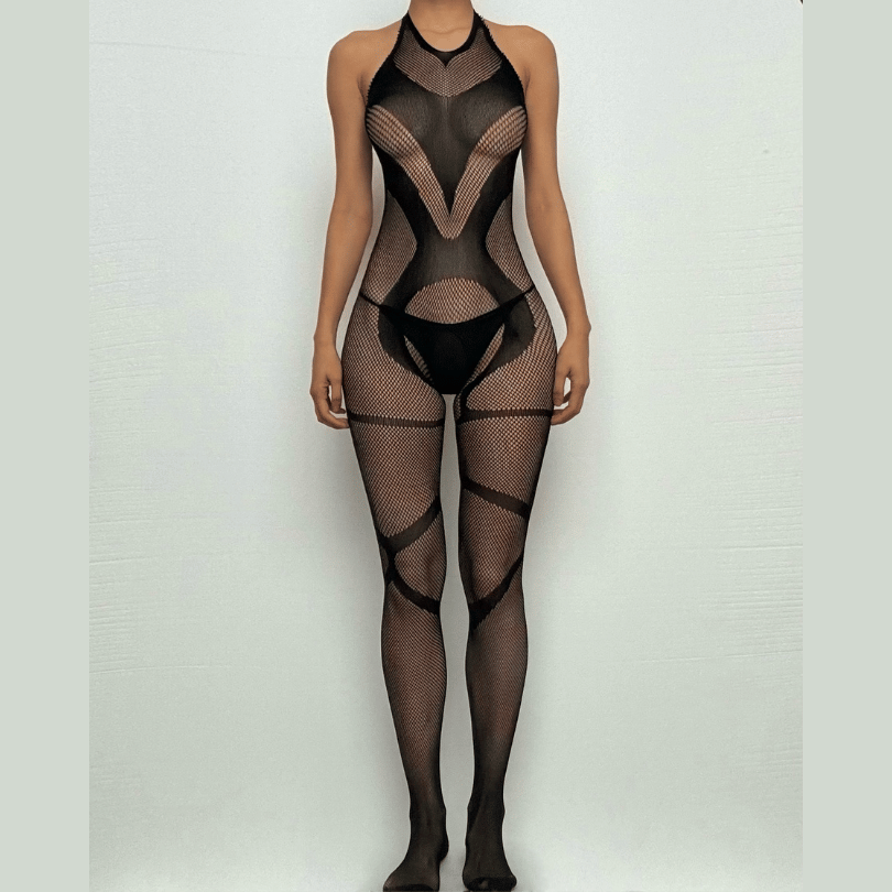 Halter backless fishnet open crotch bodystocking
