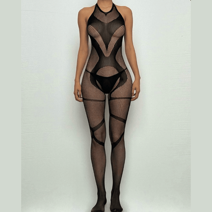 Halter backless fishnet open crotch bodystocking