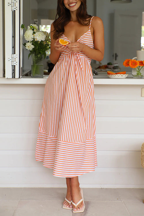 V Neck Lace-up Striped Midi Cami Dress